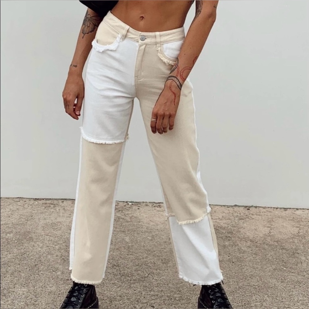 patchwork straight leg jeans